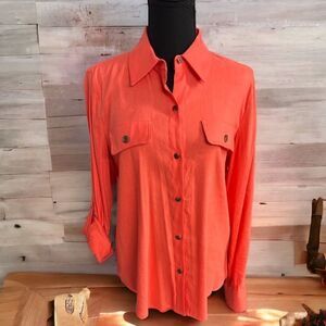 Preston & York Salmon Colored Linen Button Up Top w sleeve roll up option sz S
